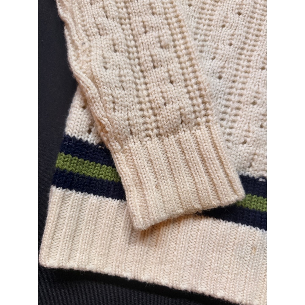LOGG H&M Mens Wool Blend V-Neck Varsity Stripe Cable Knit Sweater Cream M Preppy - Picture 5 of 12